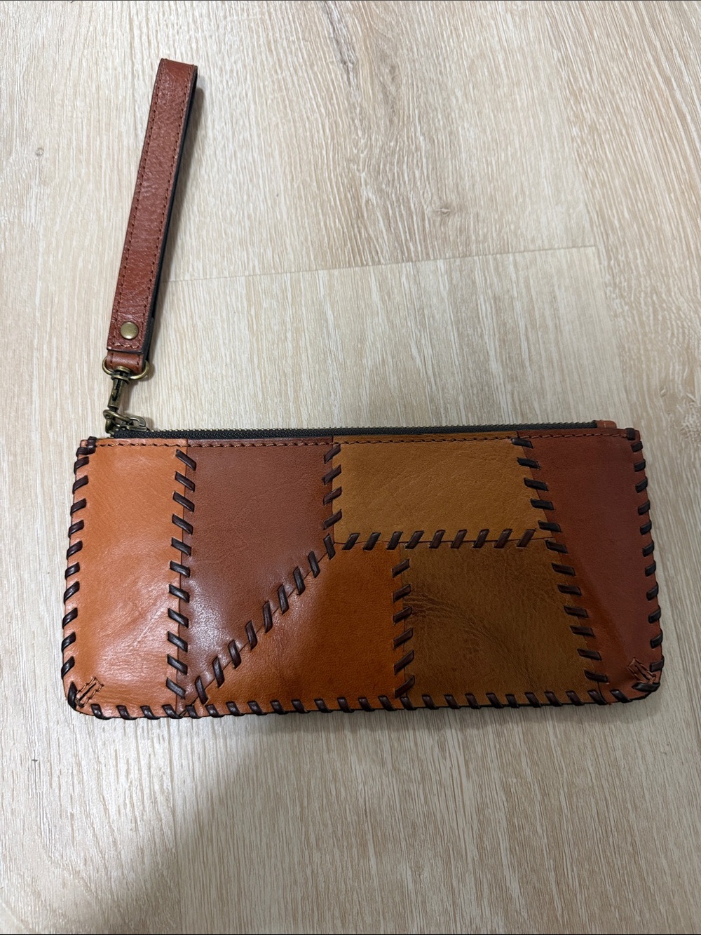 Patricia Nash Two-Tone Brown Patchwork Leather Wristlet